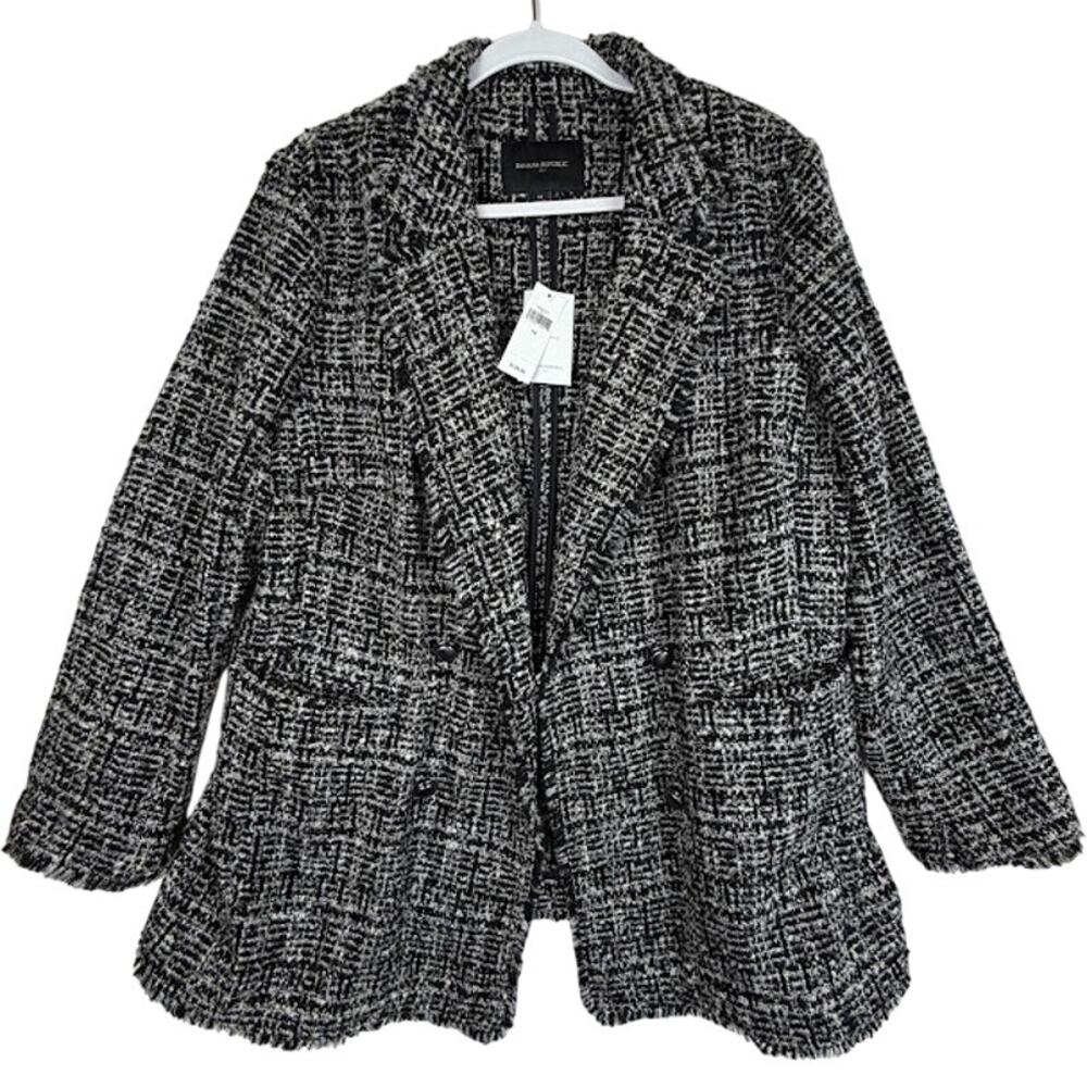 NWT Banana Republic‎ Tweed Blazer Jacket Black White 14 Women Wool Blend $140